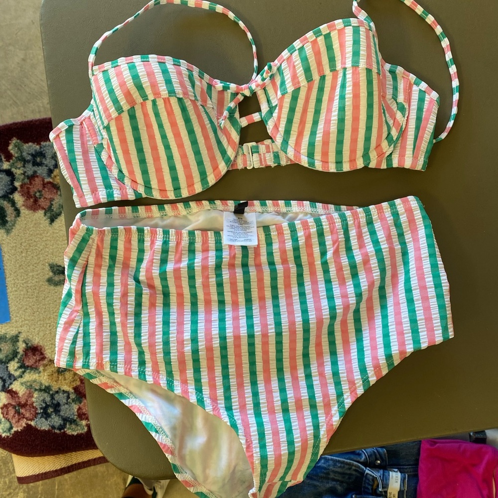 J Crew puckered strip bikini set